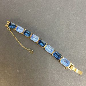 Zentall Crystal Bracelet Large Blue Stone Gold Tone Fold Over Clasp Safety Latch